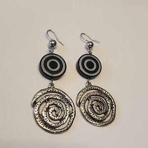 Swirl Dangle Drop Earrings Silver Tone Black